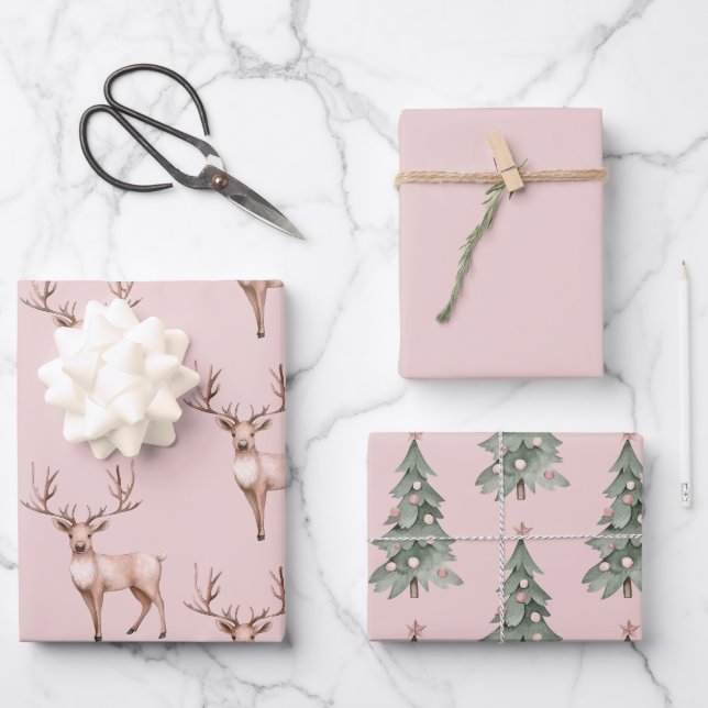 Blush Pink Boho Deer Christmas Trees Geschenkpapier Set (Vorderseite)