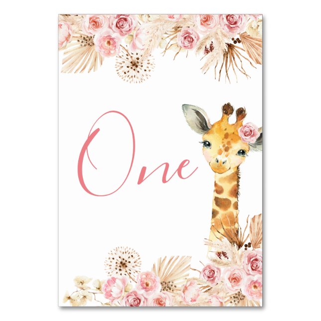 Blush Pink Boho Giraffe Baby Dusche Tischnummer (Vorderseite)