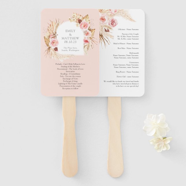 Blush Pink Boho Pampas Grass Floral Wedding Fan Fächer (Vorne und Hinten)