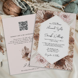 Blush Pink Boho Pampas Grass QR Code UAWG Wedding Einladung