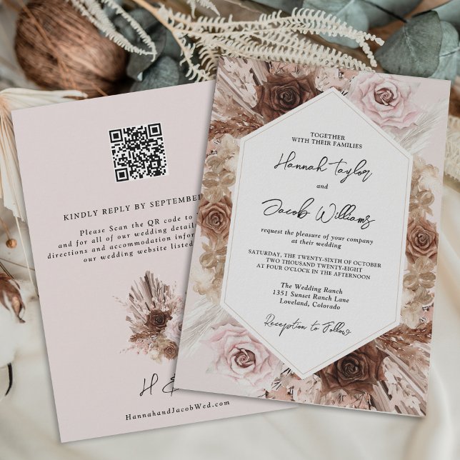 Blush Pink Boho Pampas Grass QR Code UAWG Wedding Einladung (Von Creator hochgeladen)