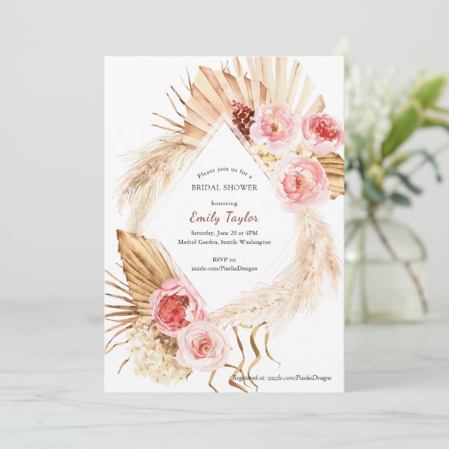 Blush Pink Boho Pampas Wasserfarbe Blumenbraun Einladung (Stehend Vorderseite)