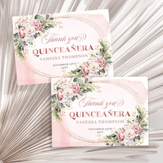 Blush Pink Boho Rose Gold Floral Quince Favor Card Dankeskarte (Blush Pink Boho Rose Gold Floral Quince Favor Thank You)