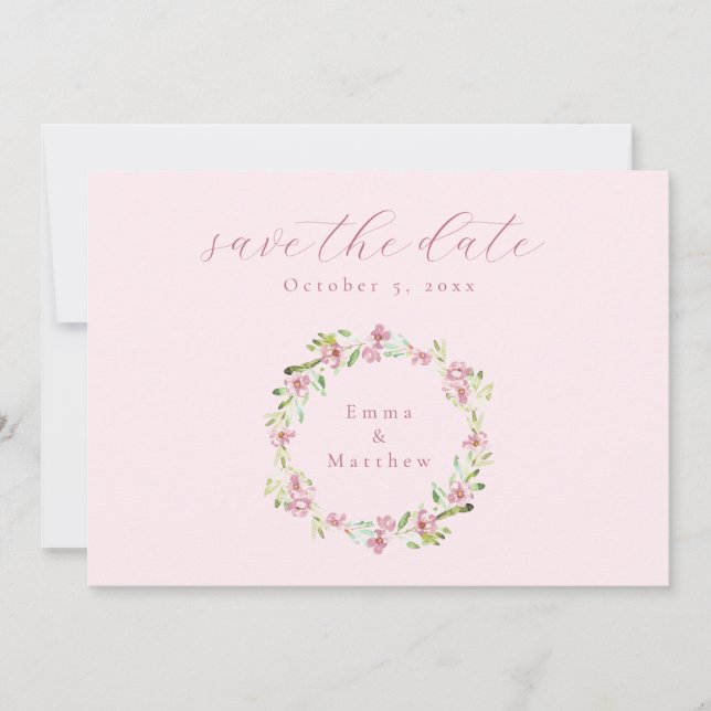 Blush Pink Botanischer Kranz QR Save The Date (Vorderseite)