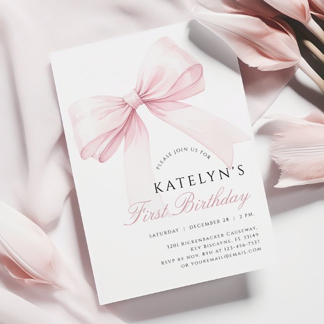 Blush Pink Bow 1er Invitation anniversaire (Créateur téléchargé)