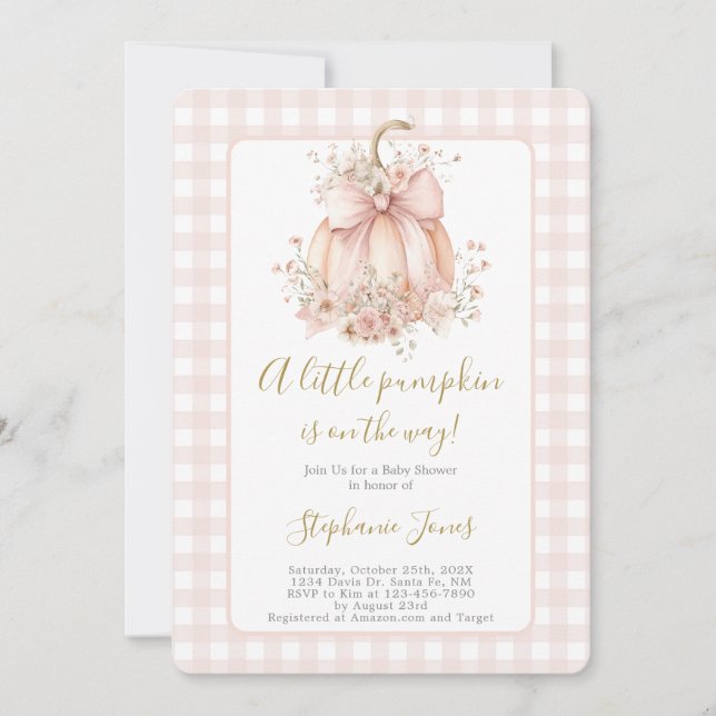 Blush Pink Bow A Little Pumpkin Baby Shower girl Einladung (Vorderseite)
