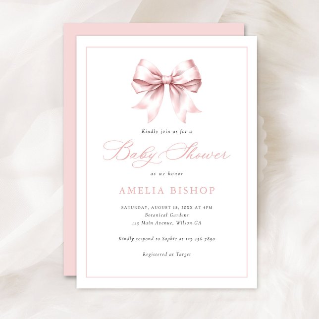 Blush Pink Bow Baby Girl Elegante Babydusche Einladung (Von Creator hochgeladen)