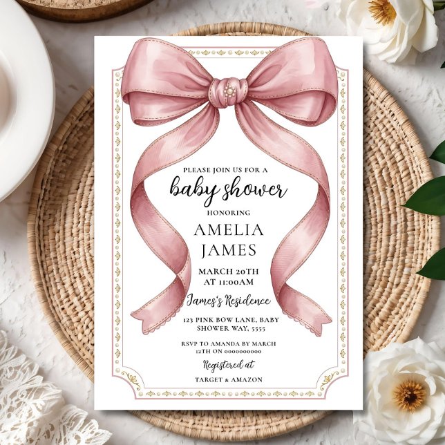 Blush Pink Bow Baby Shower Invitation Editable Ele (Créateur téléchargé)