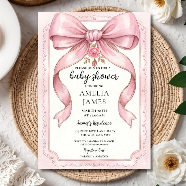 Blush Pink Bow Baby Shower Invitation Editable Ele Einladung (Von Creator hochgeladen)
