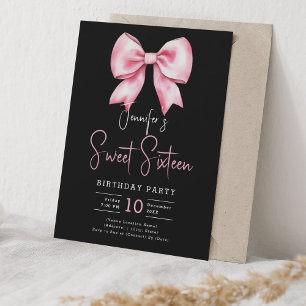Blush Pink Bow Coquette Script Sweet 16 Black Einladung