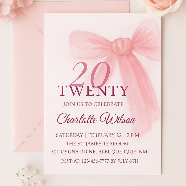 Blush Pink Bow Elegant Twenty 20th Birthday Einladung (Von Creator hochgeladen)