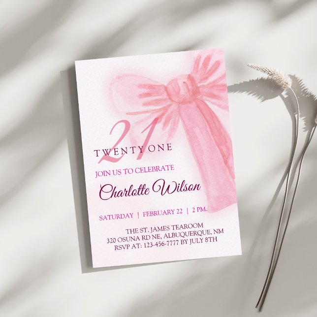 Blush Pink Bow Elegant Twenty-One Birthday Einladung (Von Creator hochgeladen)