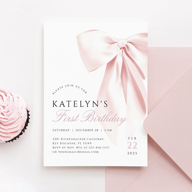Blush Pink Bow Erster Geburtstag Einladung (Von Creator hochgeladen)