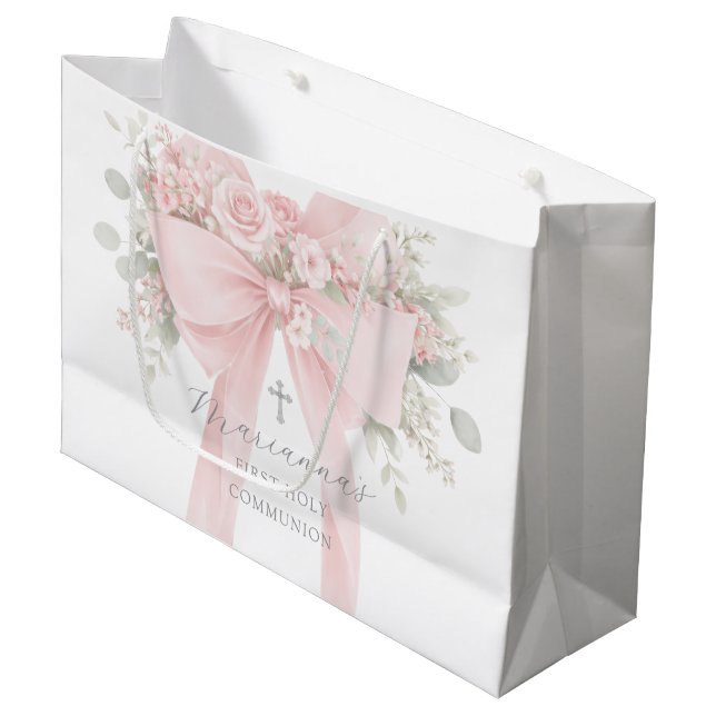 Blush Pink Bow Floral First Holy Communion Große Geschenktüte (Vorderseite Schrägansicht)