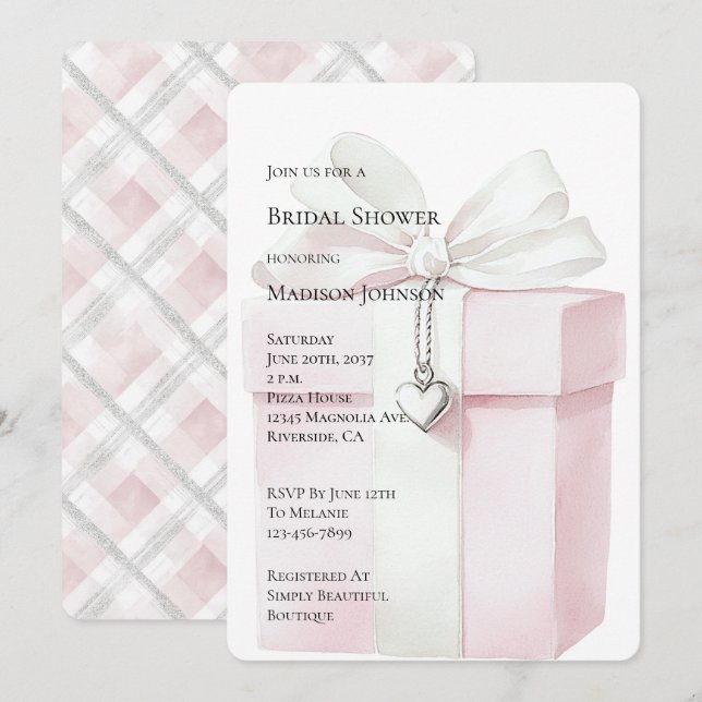 Blush Pink Bow Geschenk Herz Charm Brautparty Einladung (Vorne/Hinten)