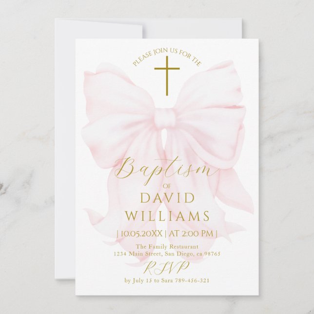 Blush Pink Bow Girls Taufe Einladung (Vorderseite)