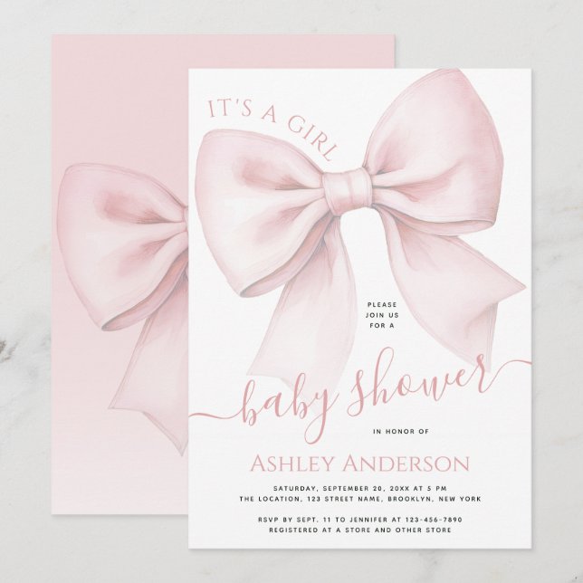 Blush Pink Bow It's a Girl Baby Shower Einladung (Vorne/Hinten)