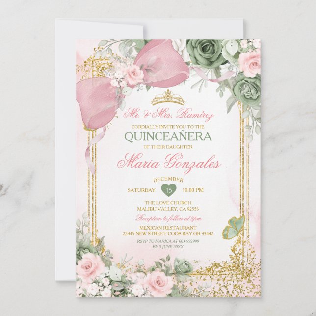 Blush Pink Bow & Sage Green Floral Quinceañera Einladung (Vorderseite)