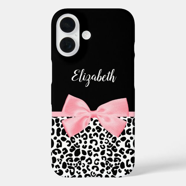 Blush Pink Bow Schwarz-weiß Leopard Druckmuster iPhone 16 Hülle (Rückseite)