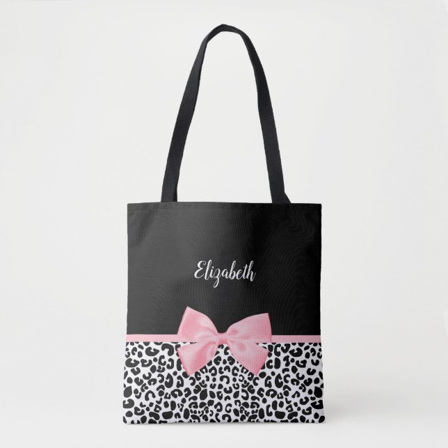 Blush Pink Bow Schwarz-weiß Leopard Druckmuster Tasche (Vorderseite)