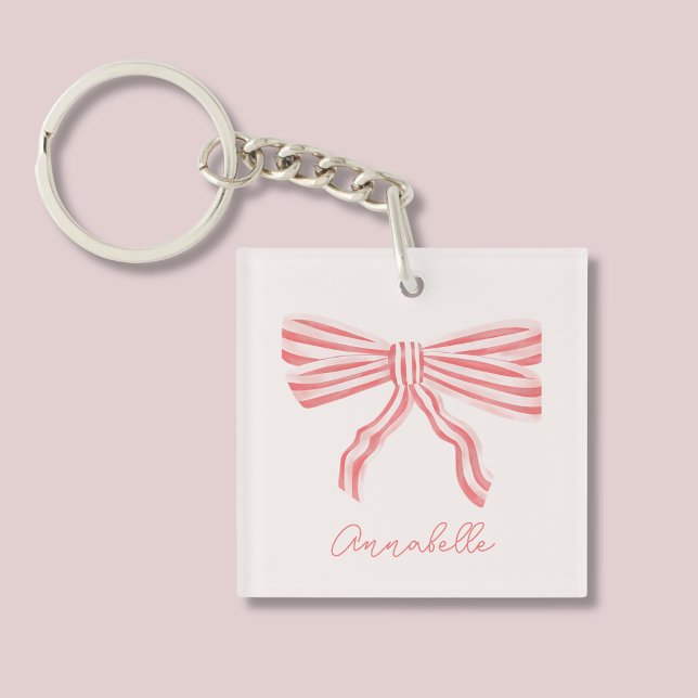 Blush Pink Bow und Vorname Schlüsselanhänger (Blush pink bow keychain with custom name.)