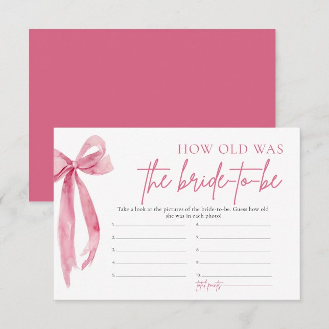 Blush Pink Bow wie alt war die Braut, um Spiel zu  Einladung (Vorne/Hinten)
