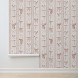 Blush Pink Bows and Lace in Vertical Stripes Tapete