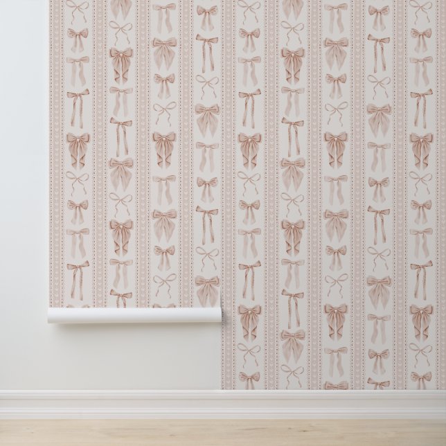 Blush Pink Bows and Lace in Vertical Stripes Tapete (Anwendung)