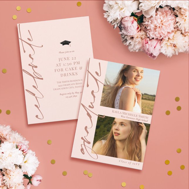 Blush Pink & Brass Kalligrafie 2 Fotos Abschluss Einladung (Von Creator hochgeladen)