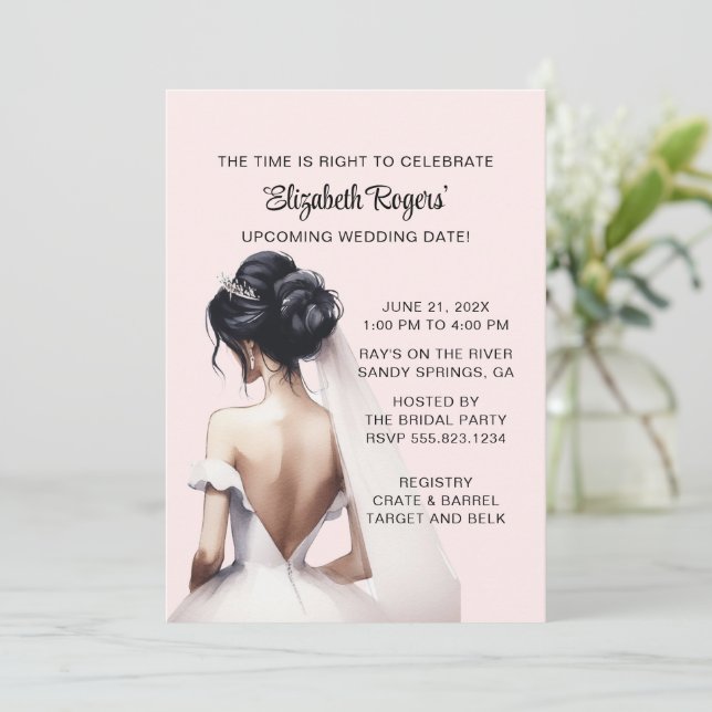 Blush Pink Brünett Bridal Dusche Einladung (Stehend Vorderseite)