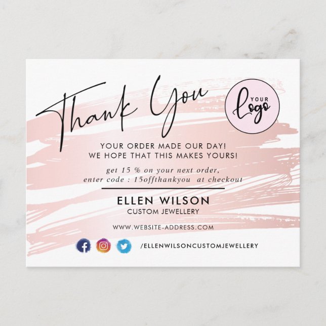 Blush Pink Brush Stroke Business Order Vielen Dank Postkarte (Vorderseite)