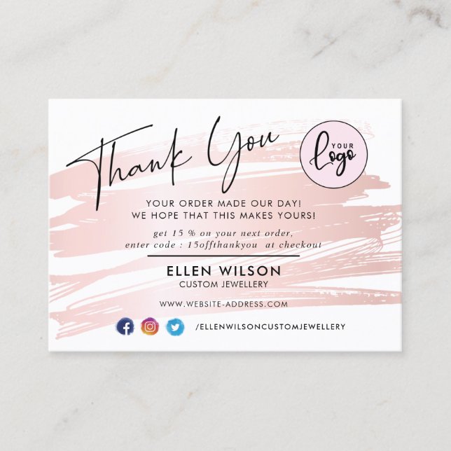 Blush Pink Brush Stroke Business Order Vielen Dank Visitenkarte (Vorderseite)
