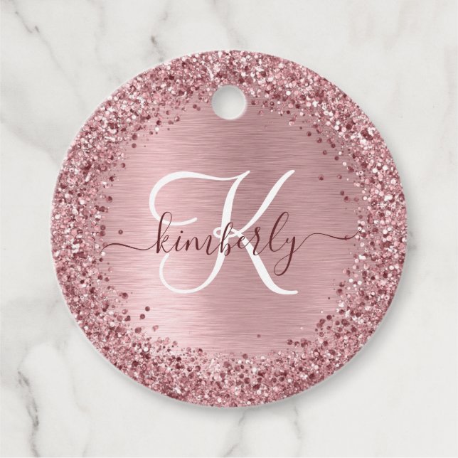 Blush Pink Brushed Metal Glitter Monogram Name Geschenkanhänger (Vorderseite)