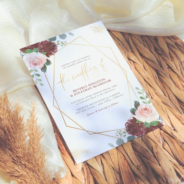 Blush Pink & Burgund Bloral Gold Grüne Hochzeit Einladung (Von Creator hochgeladen)