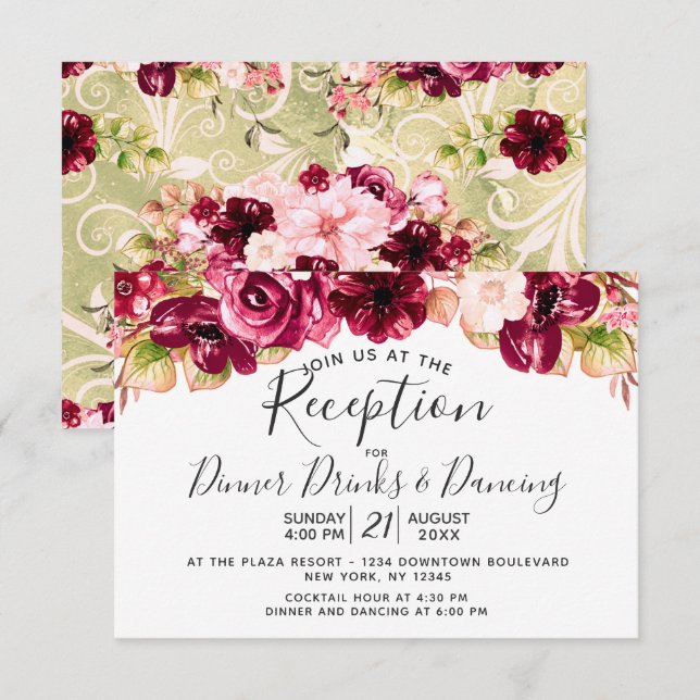 Blush Pink Burgund Blumenkohl Hochzeitsempfang Einladung (Vorne/Hinten)