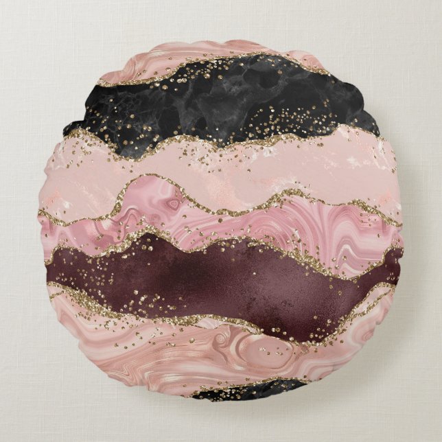 Blush Pink Burgundi Gold Black Glitzer Rundes Kissen (Vorderseite)