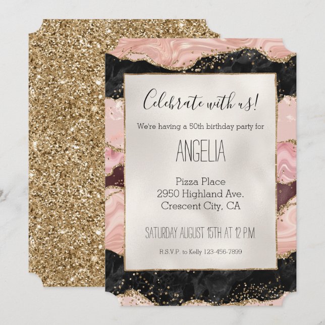 Blush Pink Burgundy Black Glitzy Glitzer Einladung (Vorne/Hinten)