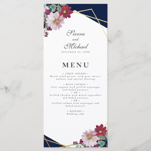 Blush Pink Burgundy Bloral Gold Navy Blue Wedding Menükarte (Vorderseite)