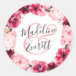 Blush Pink Burgundy Bloral Wreath Monogram Wedding Runder Aufkleber