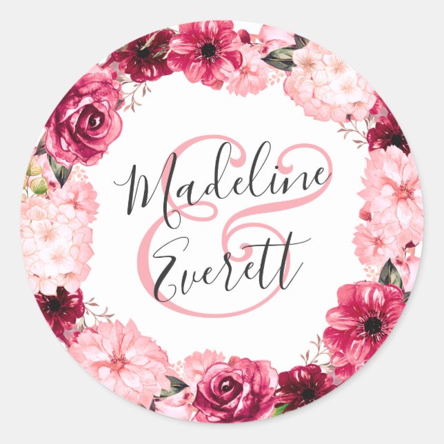 Blush Pink Burgundy Bloral Wreath Monogram Wedding Runder Aufkleber (Vorderseite)