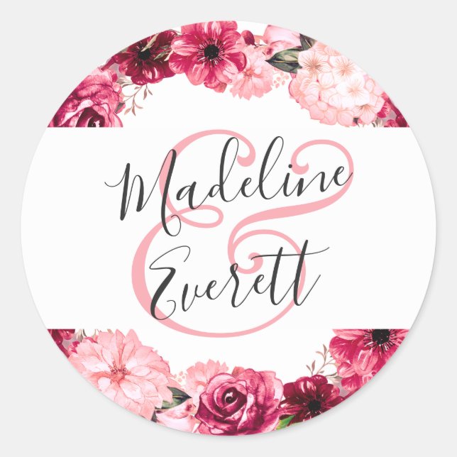 Blush Pink Burgundy Bloral Wreath Monogram Wedding Runder Aufkleber (Vorderseite)