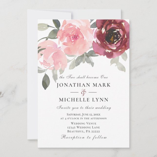 Blush Pink Burgundy Blume Christlich Hochzeit Einladung (Vorderseite)