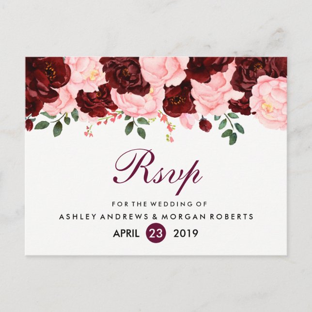 Blush Pink Burgundy Blume Hochzeit RSVP Einladungspostkarte (Vorderseite)