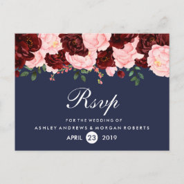 Blush Pink Burgundy Blume Navy Blue Wedding RSVP Einladungspostkarte
