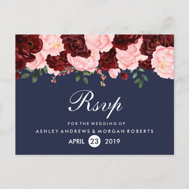 Blush Pink Burgundy Blume Navy Blue Wedding RSVP Einladungspostkarte (Vorderseite)