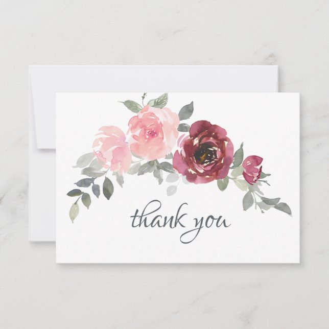 Blush Pink Burgundy Blume Wasserfarbenprägung Dankeskarte (Vorderseite)