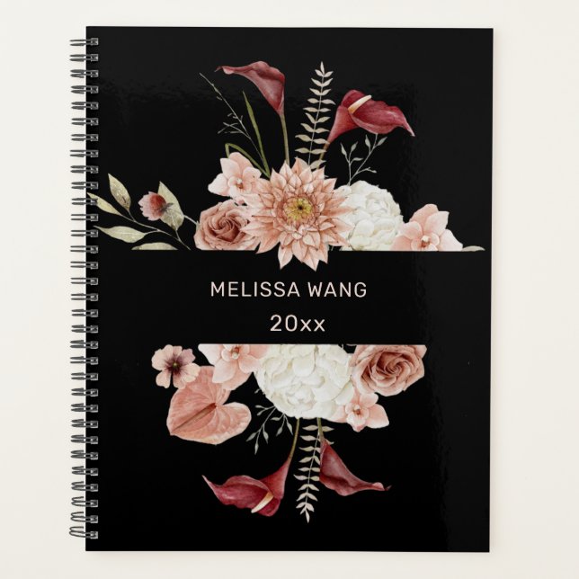 Blush Pink Burgundy Boho Blume Black Planer (Vorderseite)