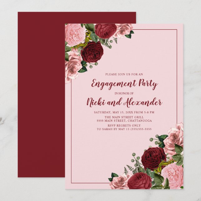Blush Pink Burgundy Floral Engagement Party Einladung (Vorne/Hinten)