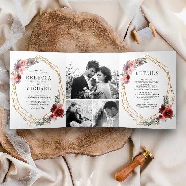 Blush Pink Burgundy Floral Foto Collage Hochzeit Dreifach Gefaltete Einladung (Von Creator hochgeladen)