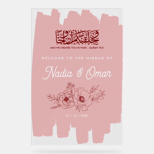 Blush Pink Burgundy Floral Nikkah Acrylic Sign Acrylschild (Vorderseite)